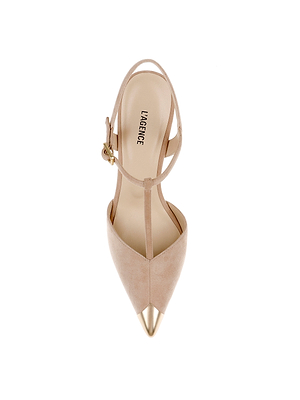 A top view of the Kaveh Slingback Pump—a beige stiletto with a pointed metallic gold cap toe, T-strap design, ankle buckle, and 
