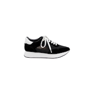 The Deepa Platform Sneaker in black suede features white laces, a white heel accent, and a white sole with a memory foam insole, displayed on a plain light background.