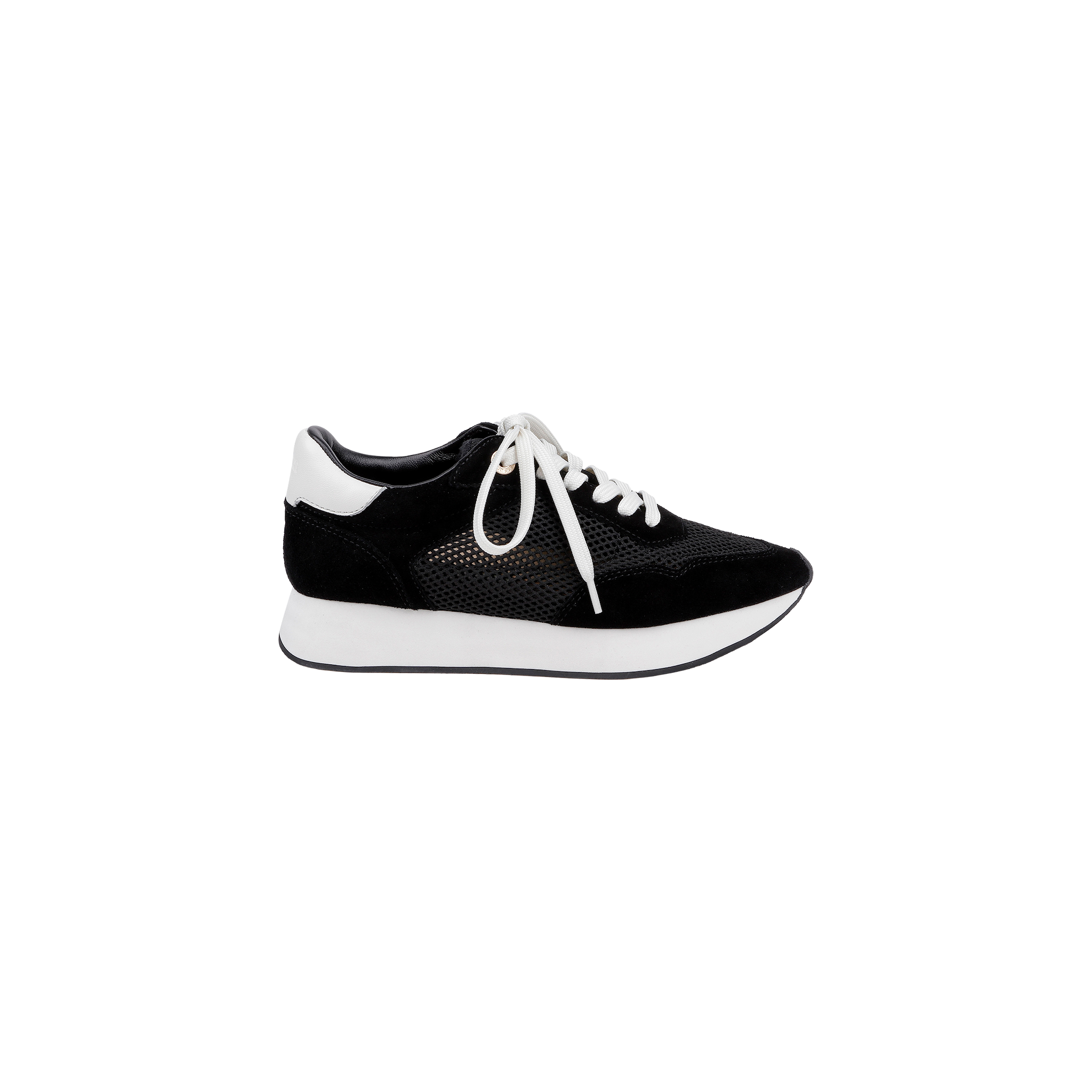 The Deepa Platform Sneaker in black suede features white laces, a white heel accent, and a white sole with a memory foam insole, displayed on a plain light background.