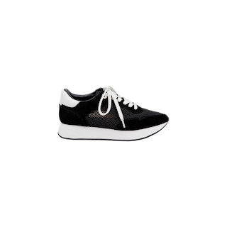 Black and white Deepa Platform Sneaker featuring a black suede upper, white sole, and crisp white laces, shown in a side profile view against a plain white background. Designed for comfort with a memory foam insole.