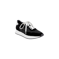 The Deepa Platform Sneaker is a black suede shoe featuring white laces, a thick white sole, black accents, a memory foam insole, and mesh detailing, shown on a plain white background.