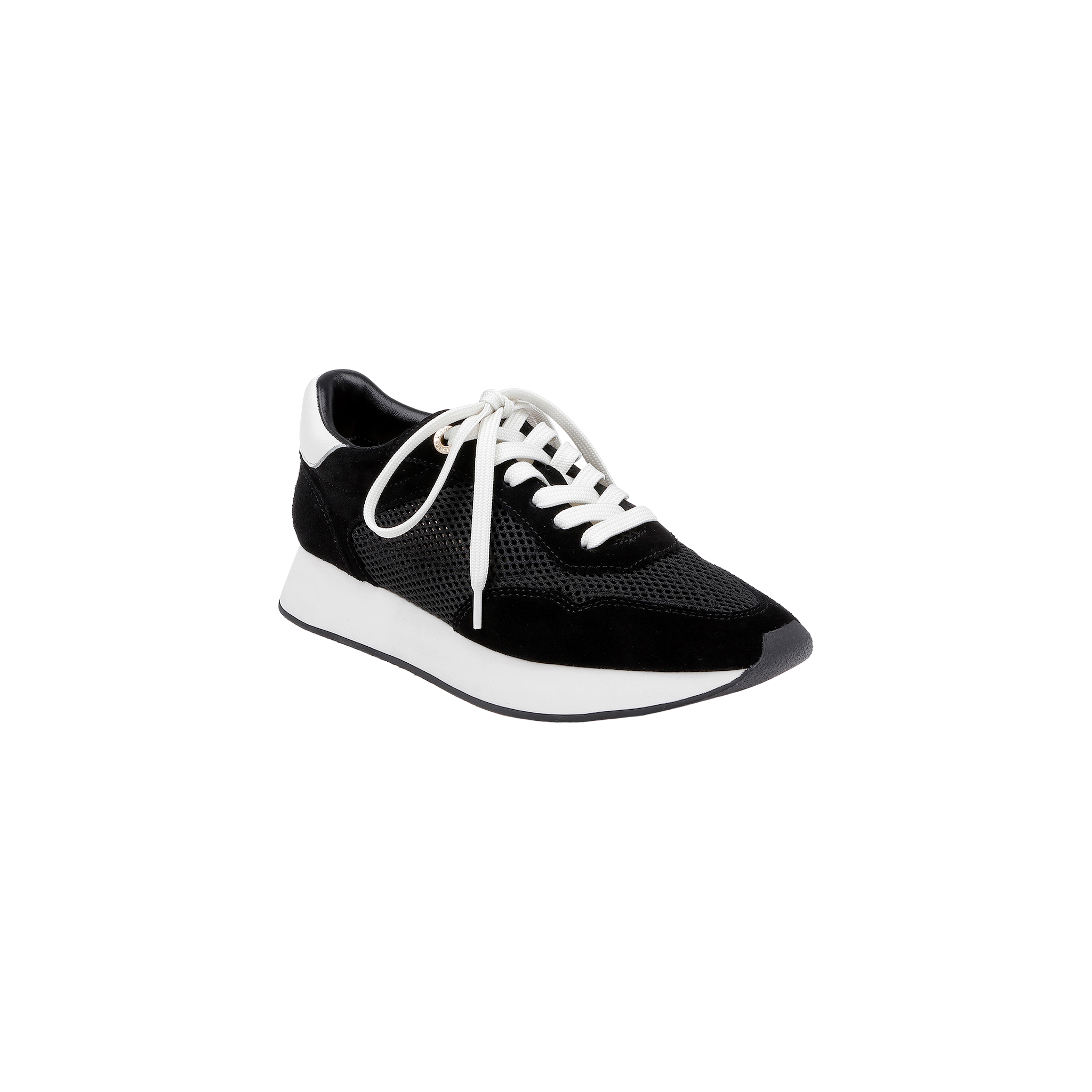 The Deepa Platform Sneaker is a black suede shoe featuring white laces, a thick white sole, black accents, a memory foam insole, and mesh detailing, shown on a plain white background.