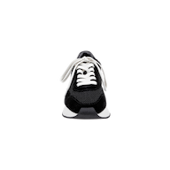 Front view of the Deepa Platform Sneaker in black suede with white laces and a white sole, featuring a memory foam insole, isolated on a plain white background.