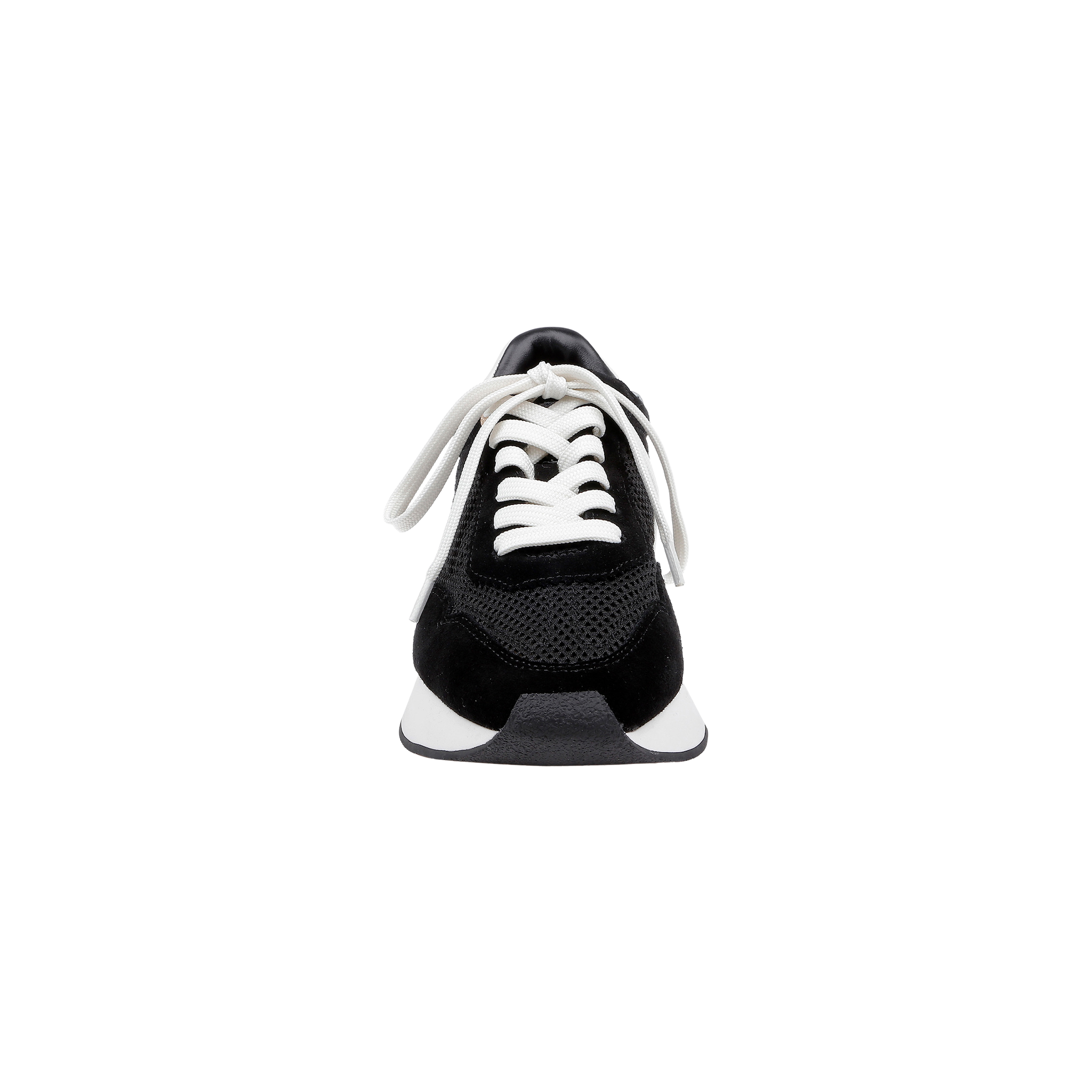 Front view of the Deepa Platform Sneaker in black suede with white laces and a white sole, featuring a memory foam insole, isolated on a plain white background.
