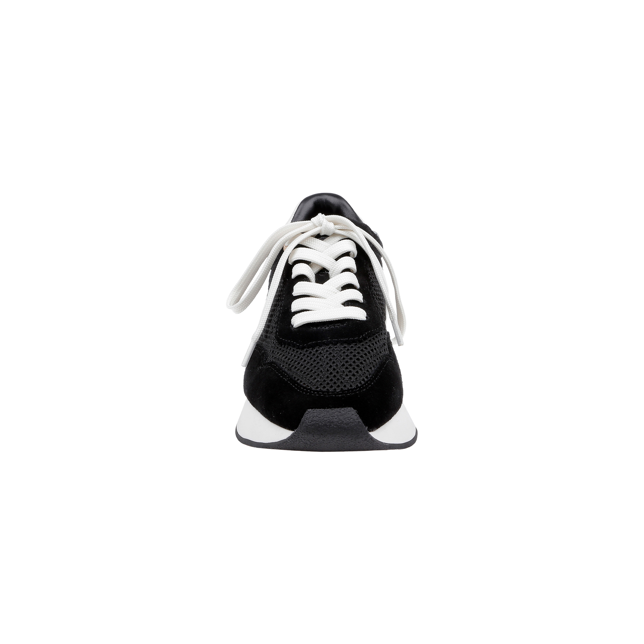Front view of the Deepa Platform Sneaker in black suede with white laces and a white sole, featuring a memory foam insole, isolated on a plain white background.