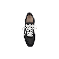 The Deepa Platform Sneaker, crafted from black suede, features white laces and a sleek white sole. Presented in a top-down view against a plain white background, this sneaker is designed with a memory foam insole for exceptional style and comfort.