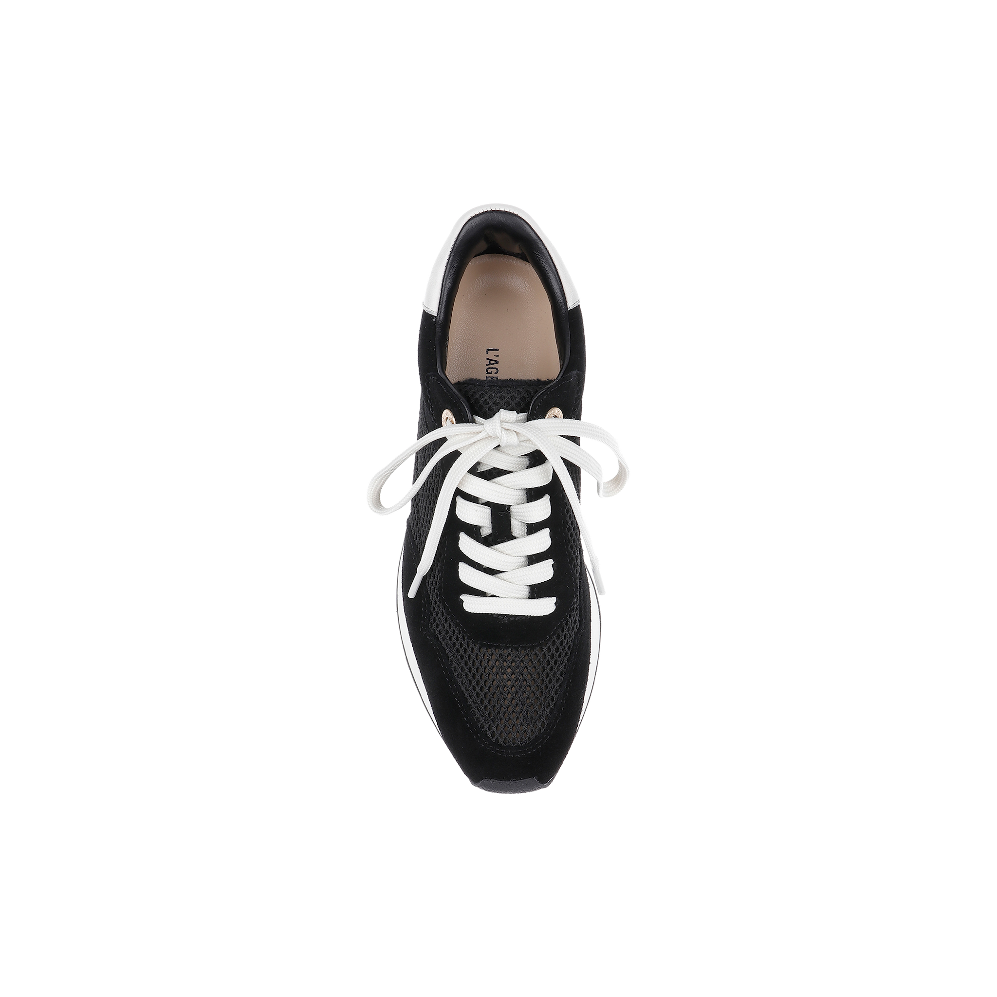 The Deepa Platform Sneaker, crafted from black suede, features white laces and a sleek white sole. Presented in a top-down view against a plain white background, this sneaker is designed with a memory foam insole for exceptional style and comfort.