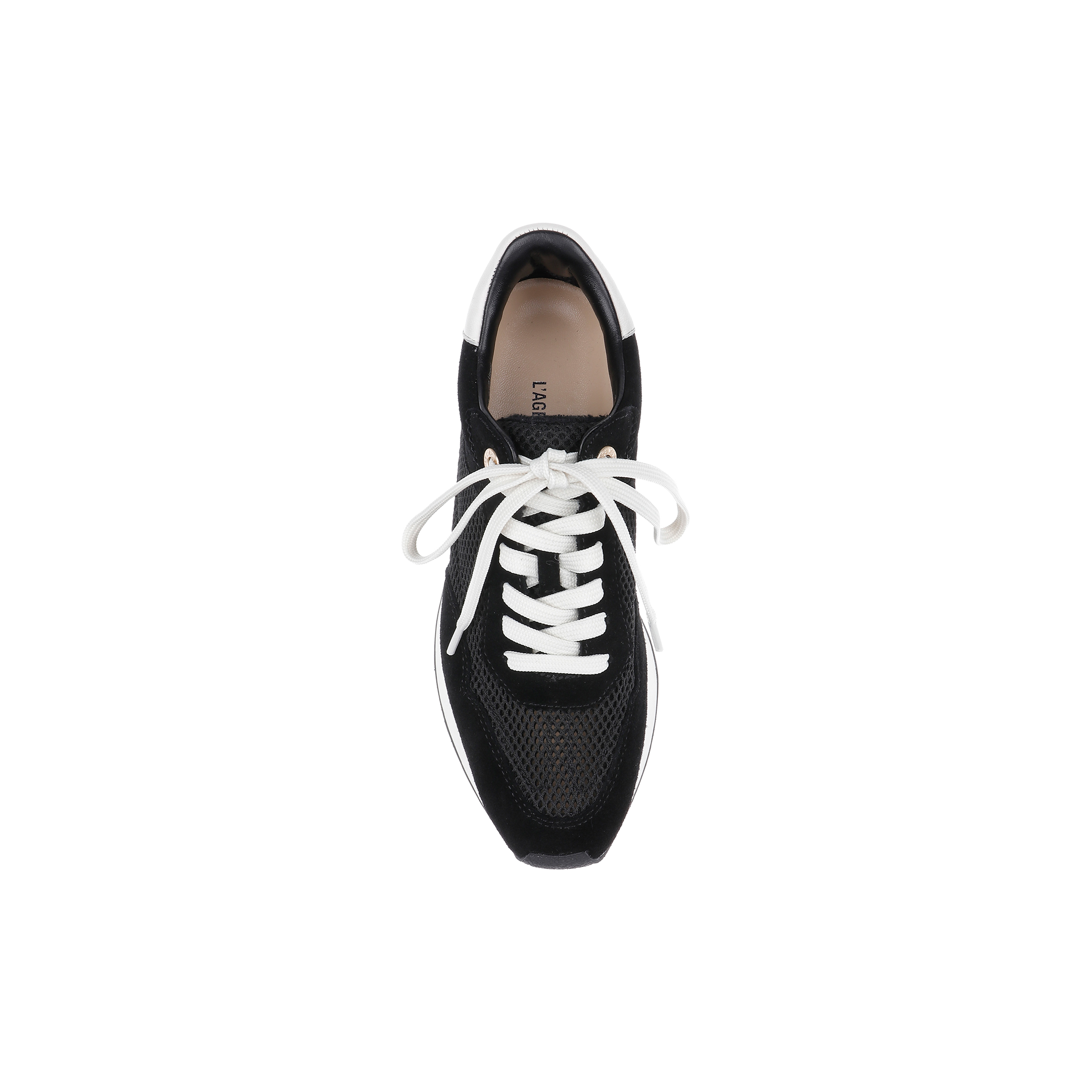 The Deepa Platform Sneaker, crafted from black suede, features white laces and a sleek white sole. Presented in a top-down view against a plain white background, this sneaker is designed with a memory foam insole for exceptional style and comfort.