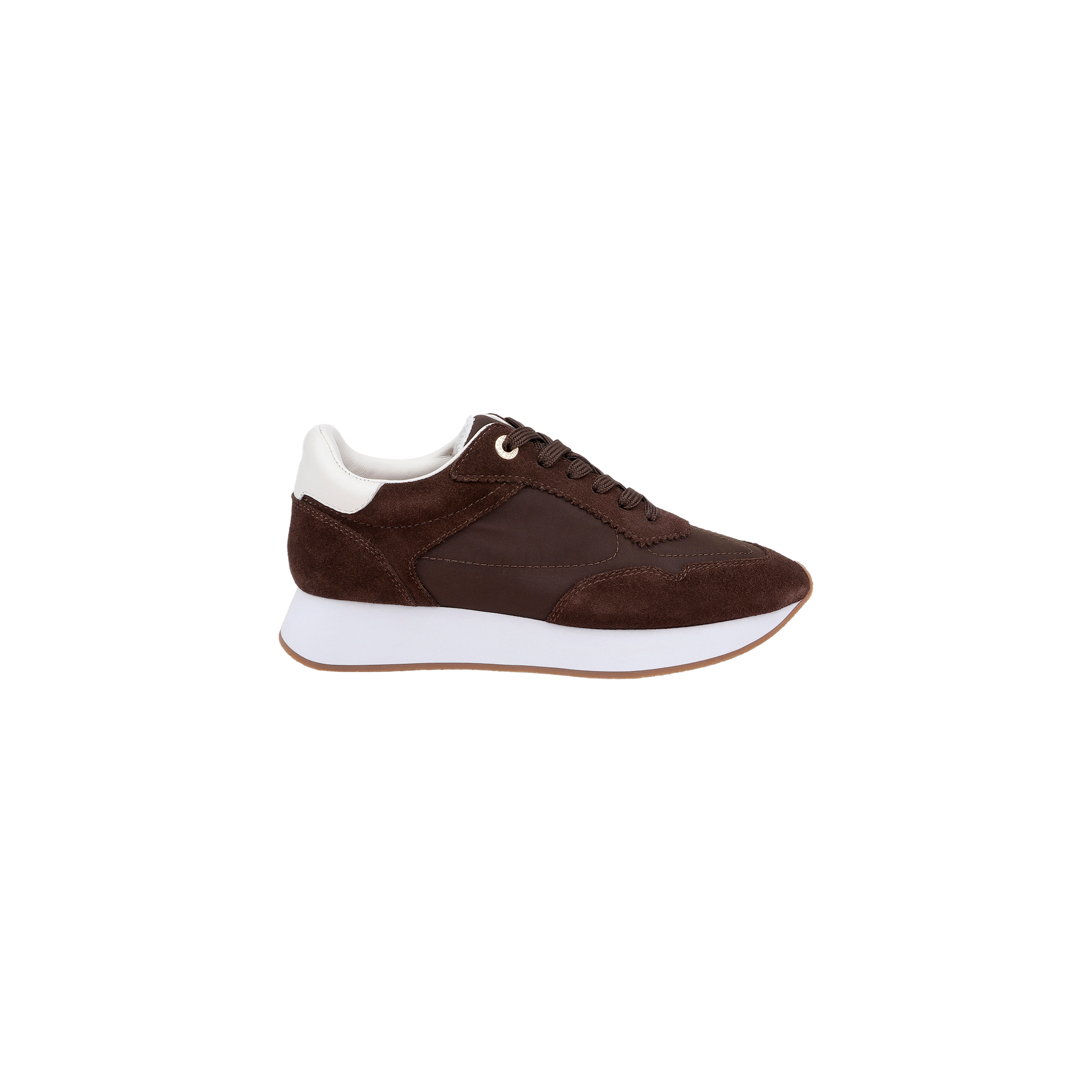 The Deepa Platform Sneaker is a chocolate suede and leather platform sneaker with white accents and a thick white sole, shown in side profile on a plain white background. It features a memory foam insole for added comfort.