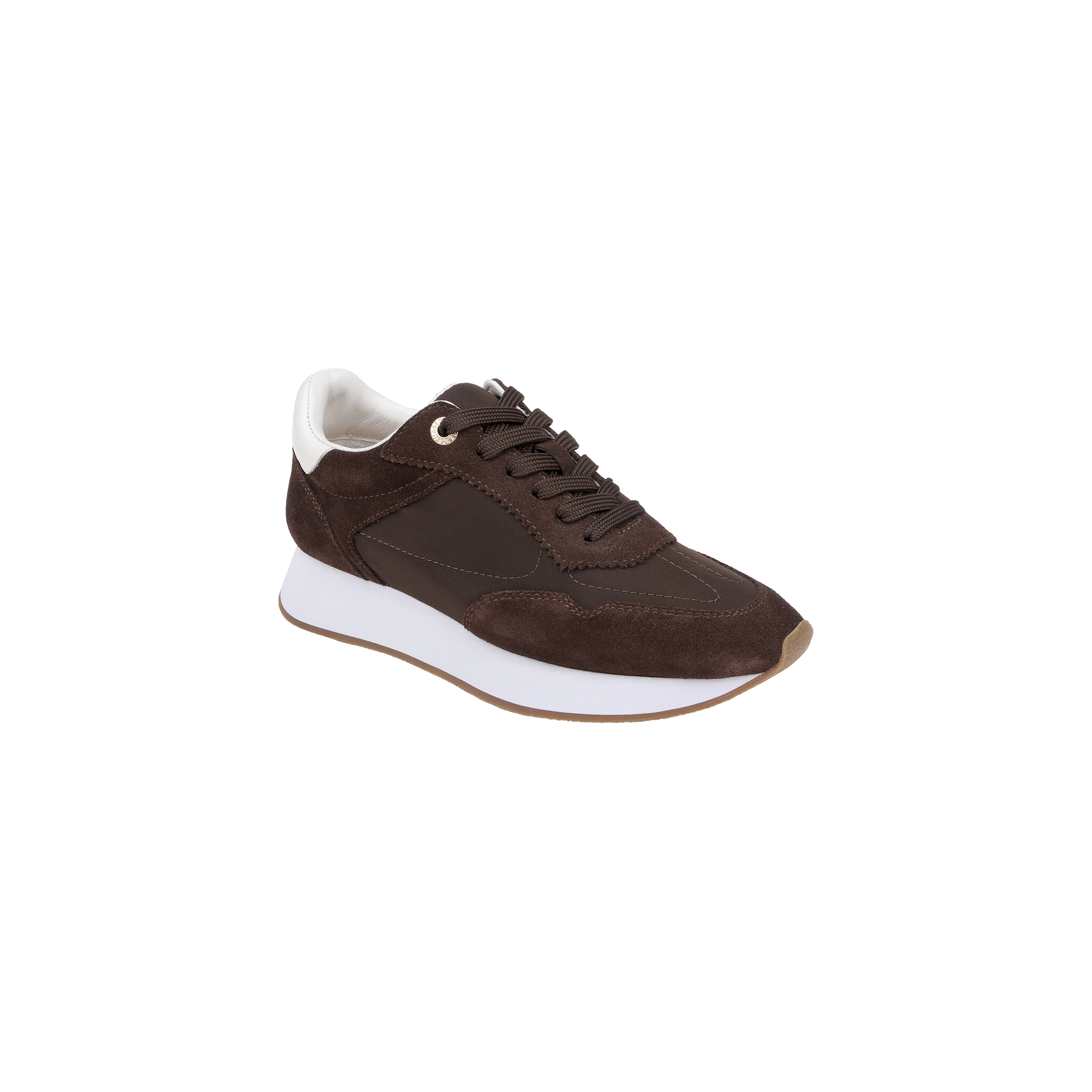 The Deepa Platform Sneaker is a chocolate suede and leather sneaker with brown laces, a white sole, and a memory foam insole, shown on a plain white background.