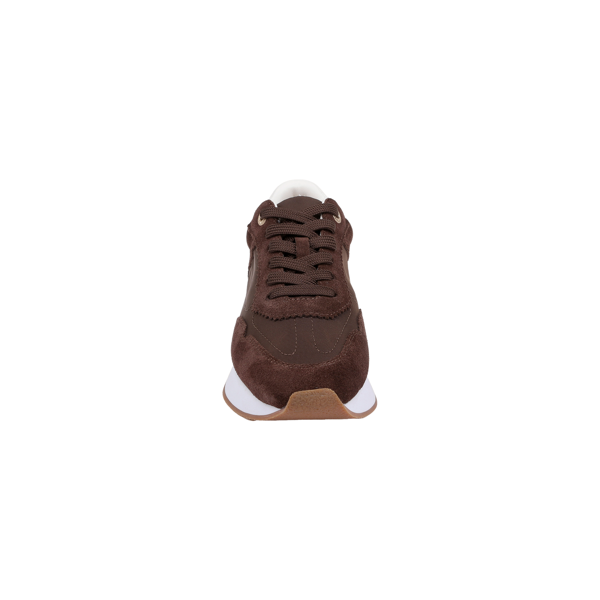 Front view of the Deepa Platform Sneaker in chocolate suede with brown laces, a white midsole, and a tan rubber outsole, featuring a comfortable memory foam insole, shown on a plain white background.