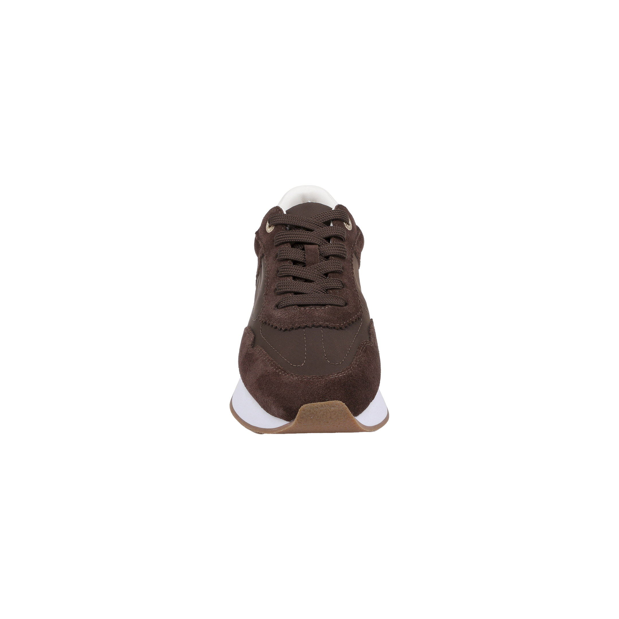 Front view of the Deepa Platform Sneaker in chocolate suede with brown laces, a white midsole, and a tan rubber outsole, featuring a comfortable memory foam insole, shown on a plain white background.