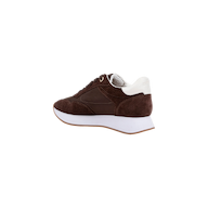 The Deepa Platform Sneaker features chocolate suede and leather construction, white laces, a contrasting white heel tab, memory foam insole, and a chunky white sole. Shown from the side on a plain white background.
