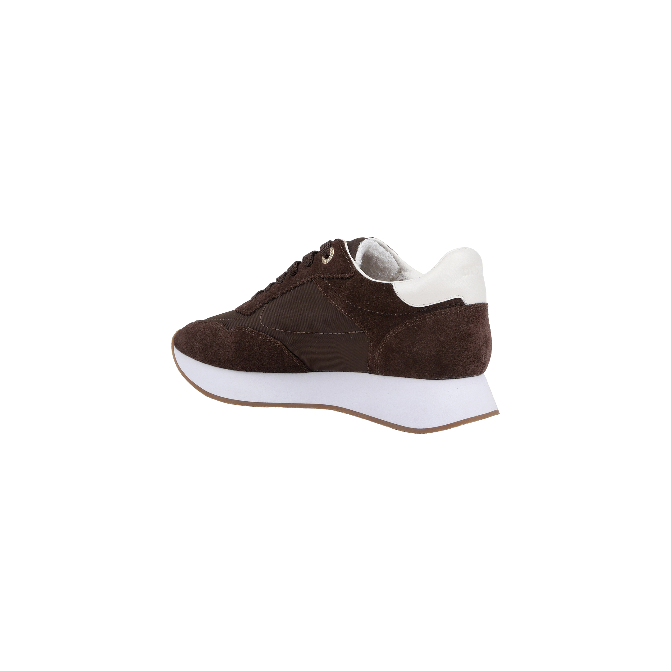 The Deepa Platform Sneaker features chocolate suede and leather construction, white laces, a contrasting white heel tab, memory foam insole, and a chunky white sole. Shown from the side on a plain white background.