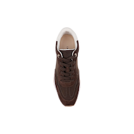 A single Deepa Platform Sneaker in chocolate suede with white accents, viewed from above and centered on a plain white background.