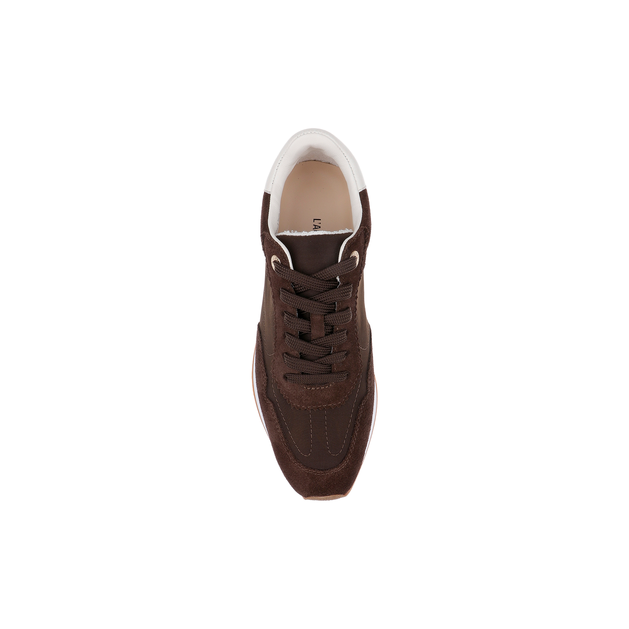A single Deepa Platform Sneaker in chocolate suede with white accents, viewed from above and centered on a plain white background.