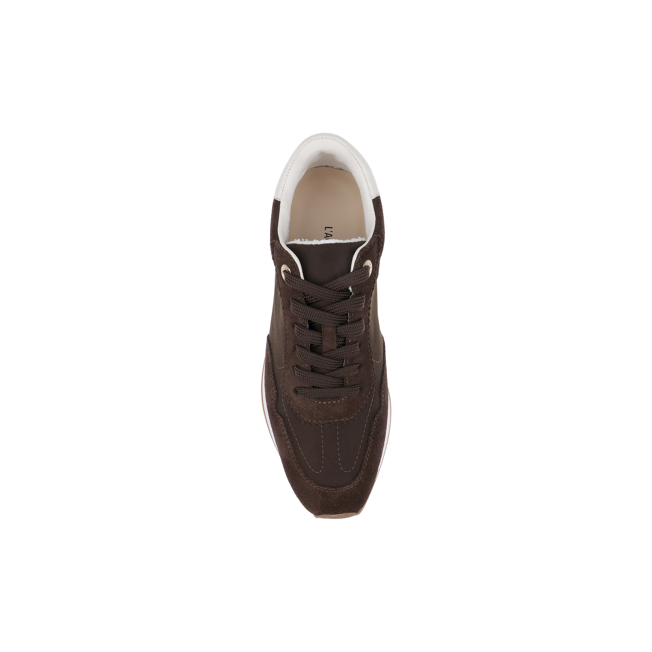 A single Deepa Platform Sneaker in chocolate suede with white accents, viewed from above and centered on a plain white background.