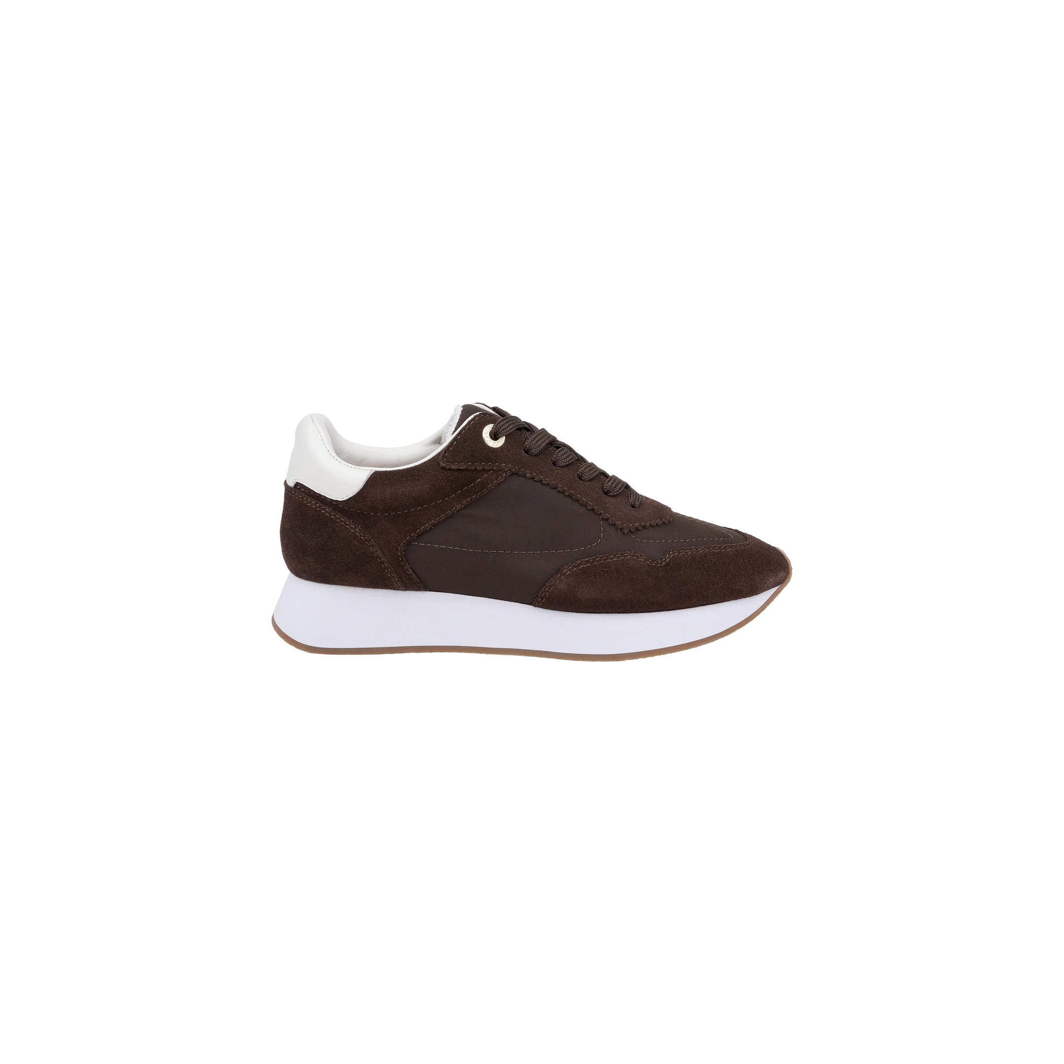 The Deepa Platform Sneaker, shown in profile on a plain white background, features chocolate suede with white accents, a thick white sole, and a memory foam insole.