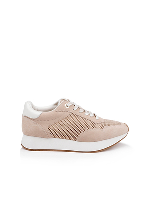 The Deepa Platform Sneaker features light pink and white mesh panels, tan suede accents, white laces, a memory foam insole, and a thick white sole; shown in profile on a plain white background.