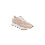 Beige and white Deepa Platform Sneaker featuring mesh panels, tan suede accents, white laces, a thick white sole, and a comfortable memory foam insole, shown against a plain white background.