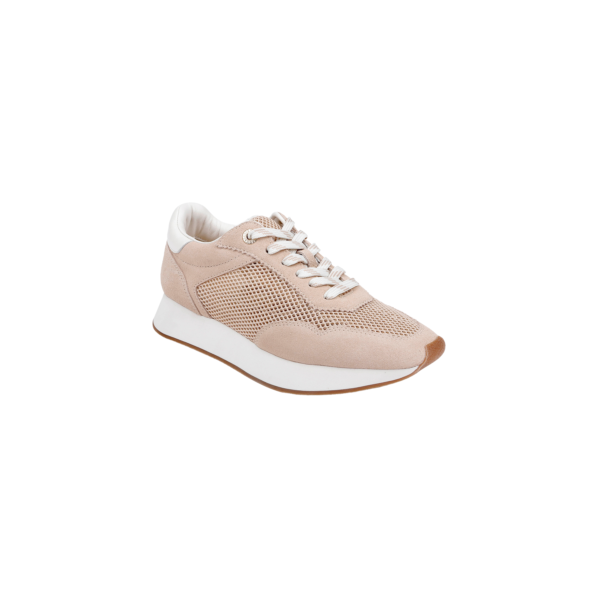 Beige and white Deepa Platform Sneaker featuring mesh panels, tan suede accents, white laces, a thick white sole, and a comfortable memory foam insole, shown against a plain white background.
