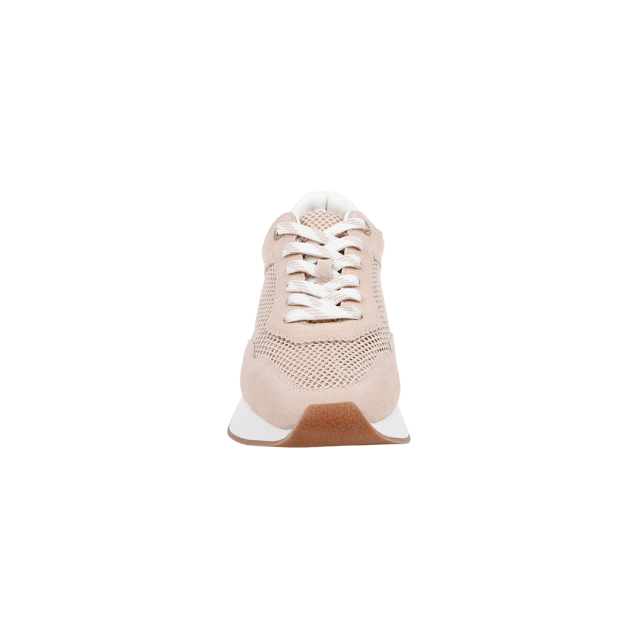 A front view of the Deepa Platform Sneaker in beige and white, showcasing white laces, a mesh upper, a memory foam insole, and a white sole with a light brown bottom, set against a plain white background.