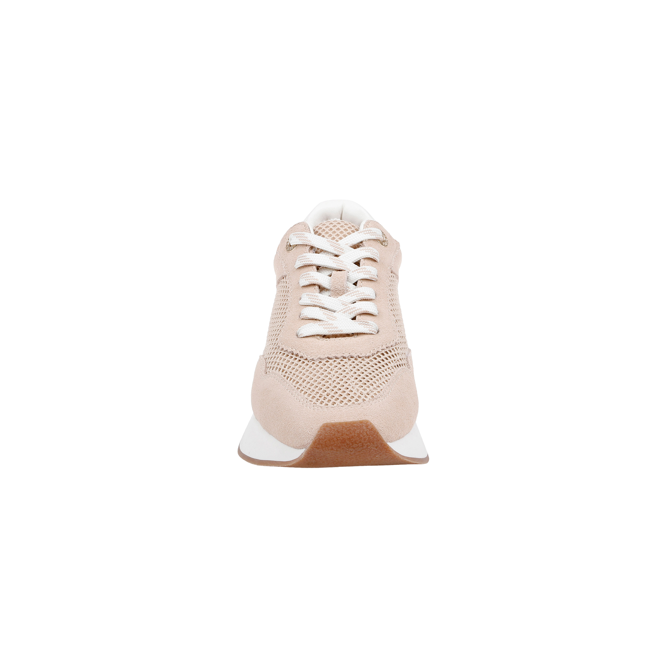 A front view of the Deepa Platform Sneaker in beige and white, showcasing white laces, a mesh upper, a memory foam insole, and a white sole with a light brown bottom, set against a plain white background.