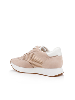 The Deepa Platform Sneaker in beige and white features mesh and tan suede details, a thick white sole, low-top silhouette, and memory foam insole, displayed angled against a plain white background.