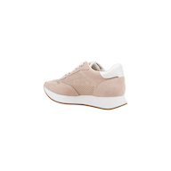 The Deepa Platform Sneaker in tan suede features white laces, a white heel accent, and a thick white sole with a brown bottom. Shown from the side against a plain white background, this sneaker is designed for comfort with its memory foam insole.
