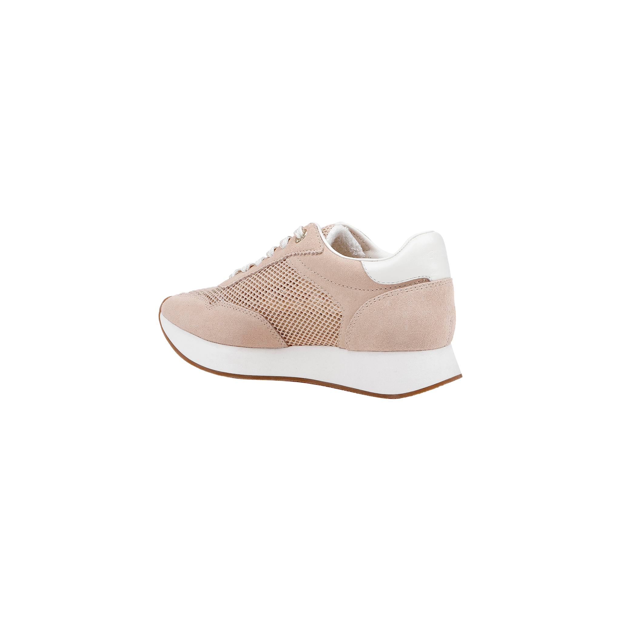 The Deepa Platform Sneaker in tan suede features white laces, a white heel accent, and a thick white sole with a brown bottom. Shown from the side against a plain white background, this sneaker is designed for comfort with its memory foam insole.