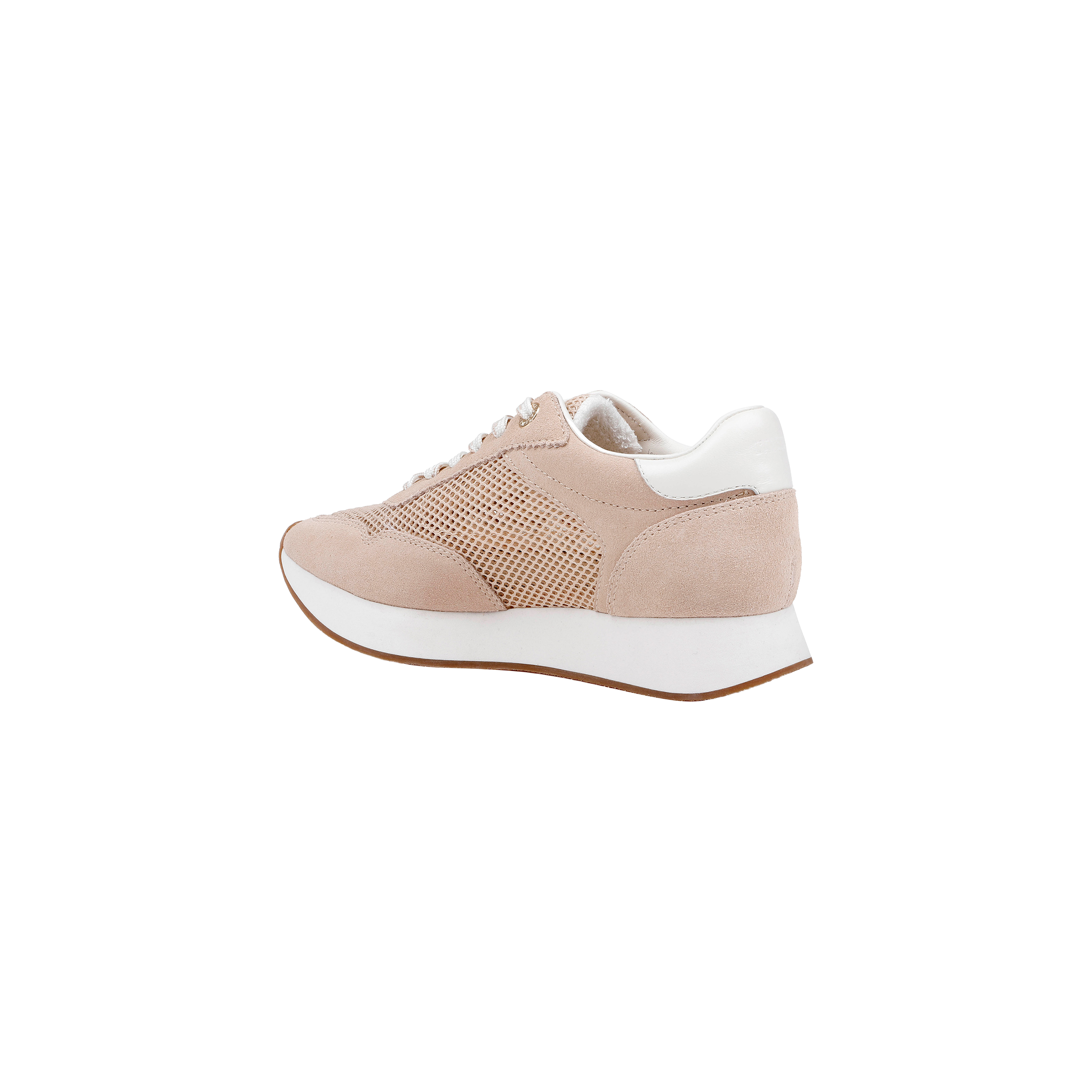 The Deepa Platform Sneaker in tan suede features white laces, a white heel accent, and a thick white sole with a brown bottom. Shown from the side against a plain white background, this sneaker is designed for comfort with its memory foam insole.