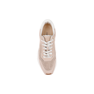 A top view of a tan suede Deepa Platform Sneaker with white laces, mesh detailing, and a comfortable memory foam insole, displayed against a plain white background.