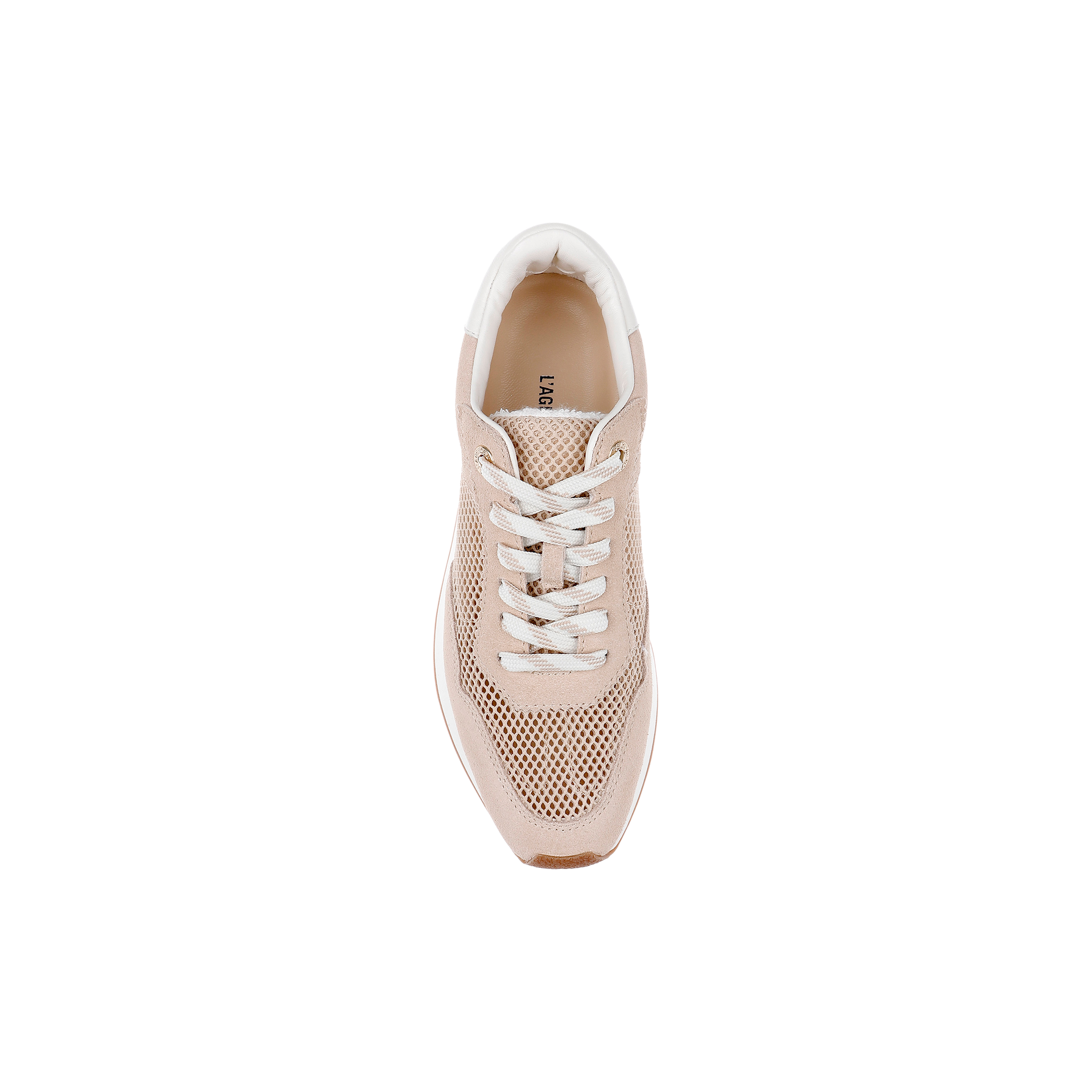 A top view of a tan suede Deepa Platform Sneaker with white laces, mesh detailing, and a comfortable memory foam insole, displayed against a plain white background.