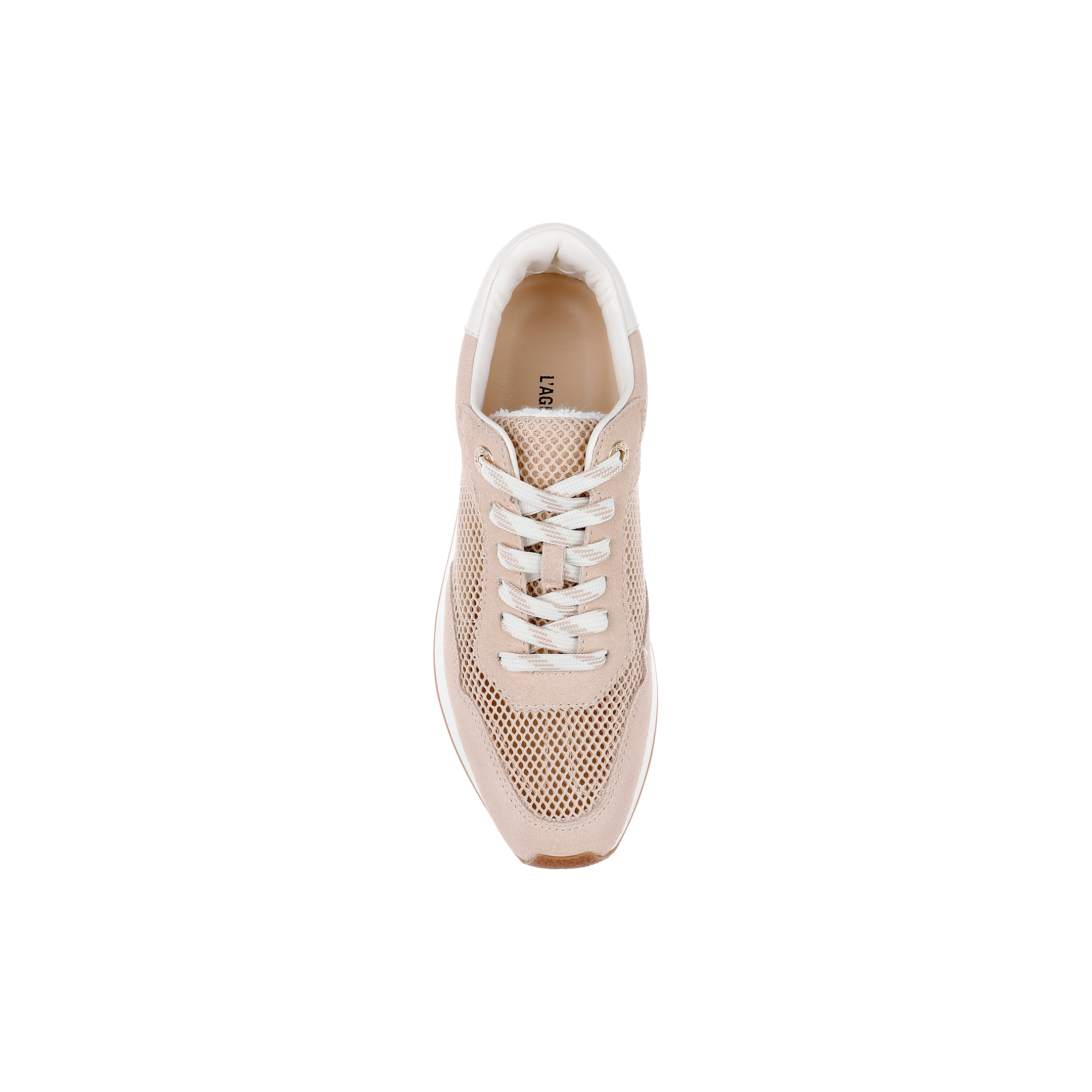 A top view of a tan suede Deepa Platform Sneaker with white laces, mesh detailing, and a comfortable memory foam insole, displayed against a plain white background.