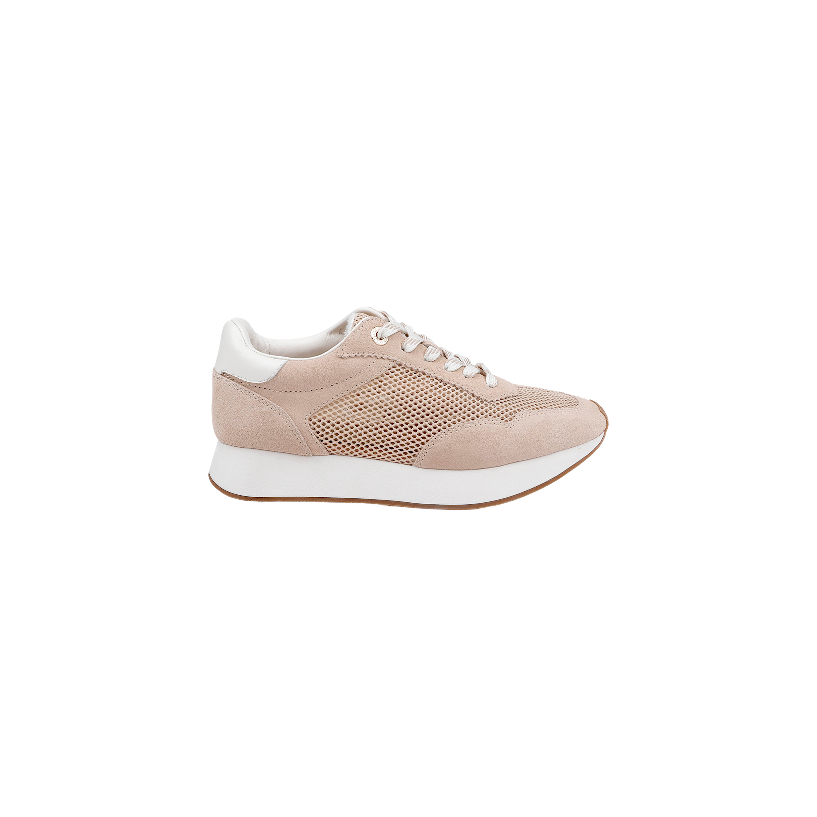 A tan suede Deepa Platform Sneaker with white accents, a white sole, and white laces, featuring a comfortable memory foam insole, shown on a plain white background.