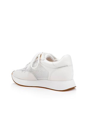 The Deepa Platform Sneaker is shown from a rear side angle on a white background, featuring white leather with mesh accents, white laces, and a thick white sole with a light brown bottom.