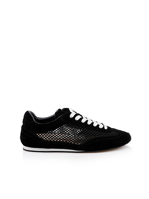 The Jarah Sneaker is a black suede shoe with white laces, side mesh panels, a comfortable memory foam insole, and a slim white sole, shown on a plain white background.