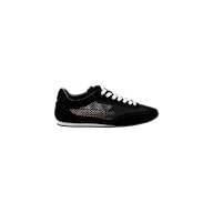 The Jarah Sneaker is a black suede shoe with white laces and a mesh side panel, displayed against a plain white background. This retro-inspired sneaker features a low profile, a white sole, and a comfortable memory foam insole.