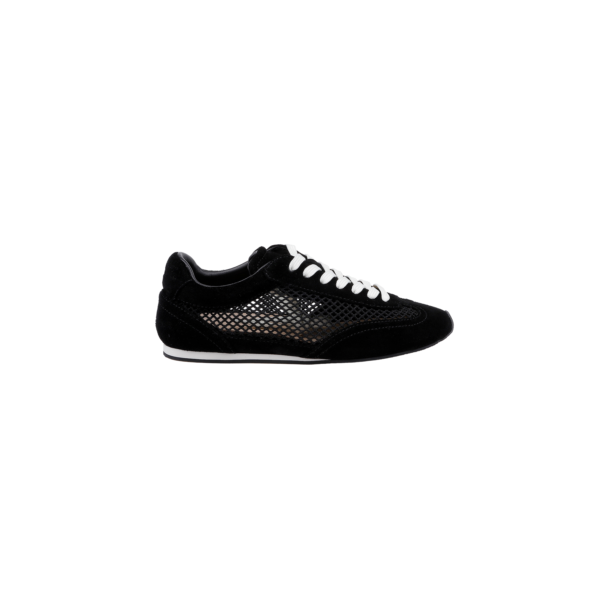 The Jarah Sneaker is a black suede shoe with white laces and a mesh side panel, displayed against a plain white background. This retro-inspired sneaker features a low profile, a white sole, and a comfortable memory foam insole.