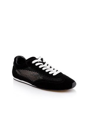 The Jarah Sneaker, shown on a white background, features black suede with white laces, black accents, mesh side panels, and a memory foam insole for casual comfort in a sporty, low-profile design.