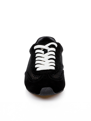 Front view of the Jarah Sneaker in black suede with white laces, mesh panels, and a memory foam insole, photographed on a white background.