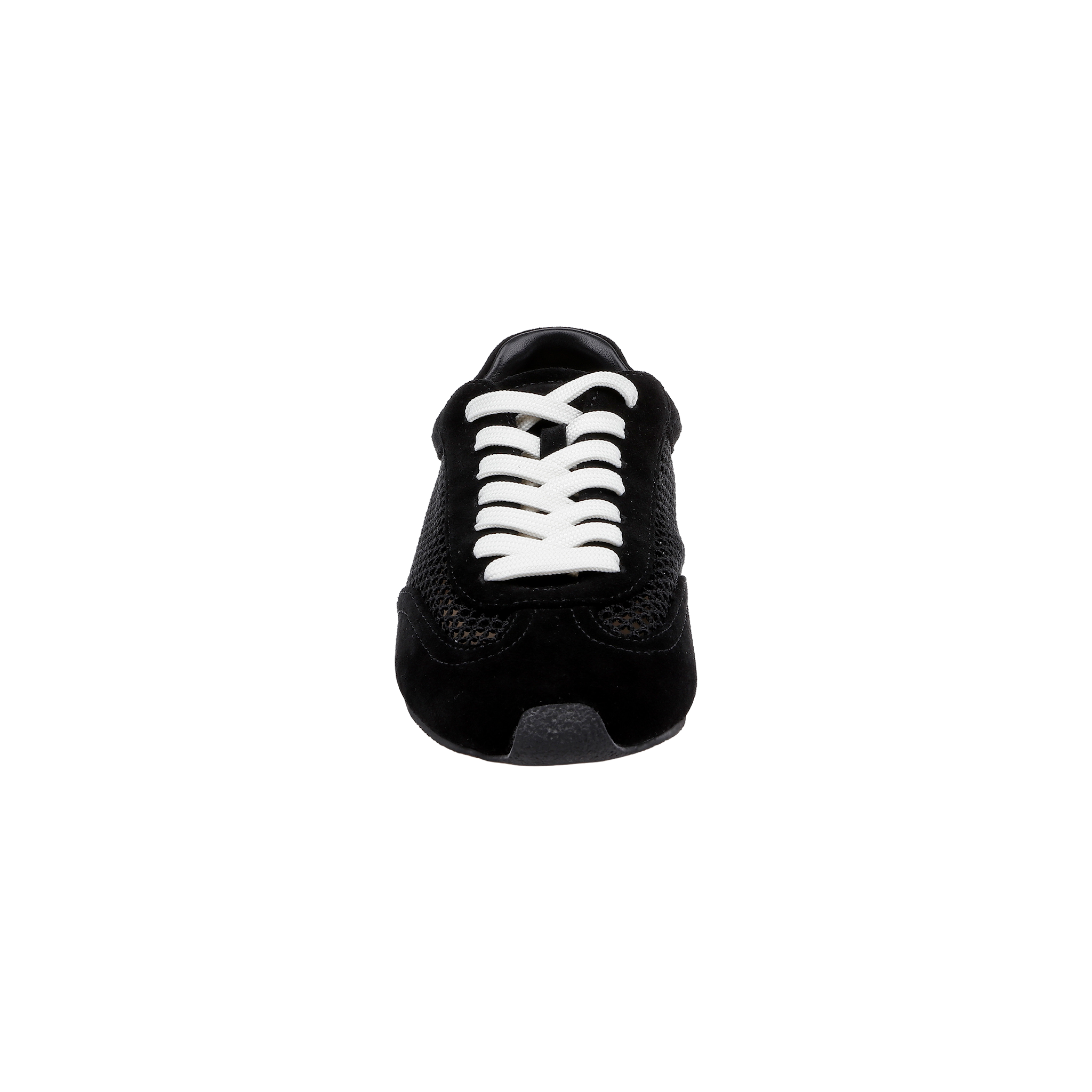The Jarah Sneaker in black suede is shown from the front on a plain white background, featuring white laces.