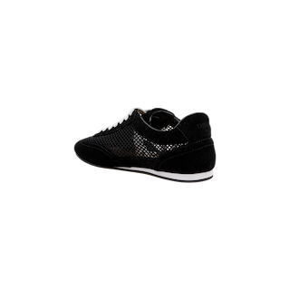 The Jarah Sneaker, shown from the back left angle on a plain white background, is crafted in black suede with a textured, shiny side panel. It features a white sole, black laces, and a comfortable memory foam insole.