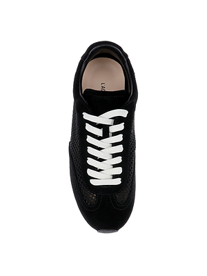 Top view of the Jarah Sneaker with white laces, showcasing black suede and mesh for a retro look, displayed on a white background.
