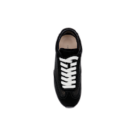 Top view of the Jarah Sneaker in black suede with white laces, showcasing a perforated texture and a memory foam insole, set against a plain white background.