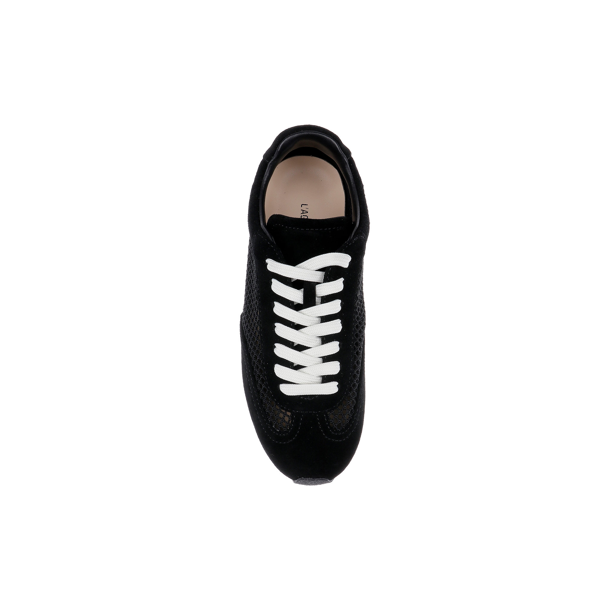 Top view of the Jarah Sneaker in black suede with white laces, showcasing a perforated texture and a memory foam insole, set against a plain white background.