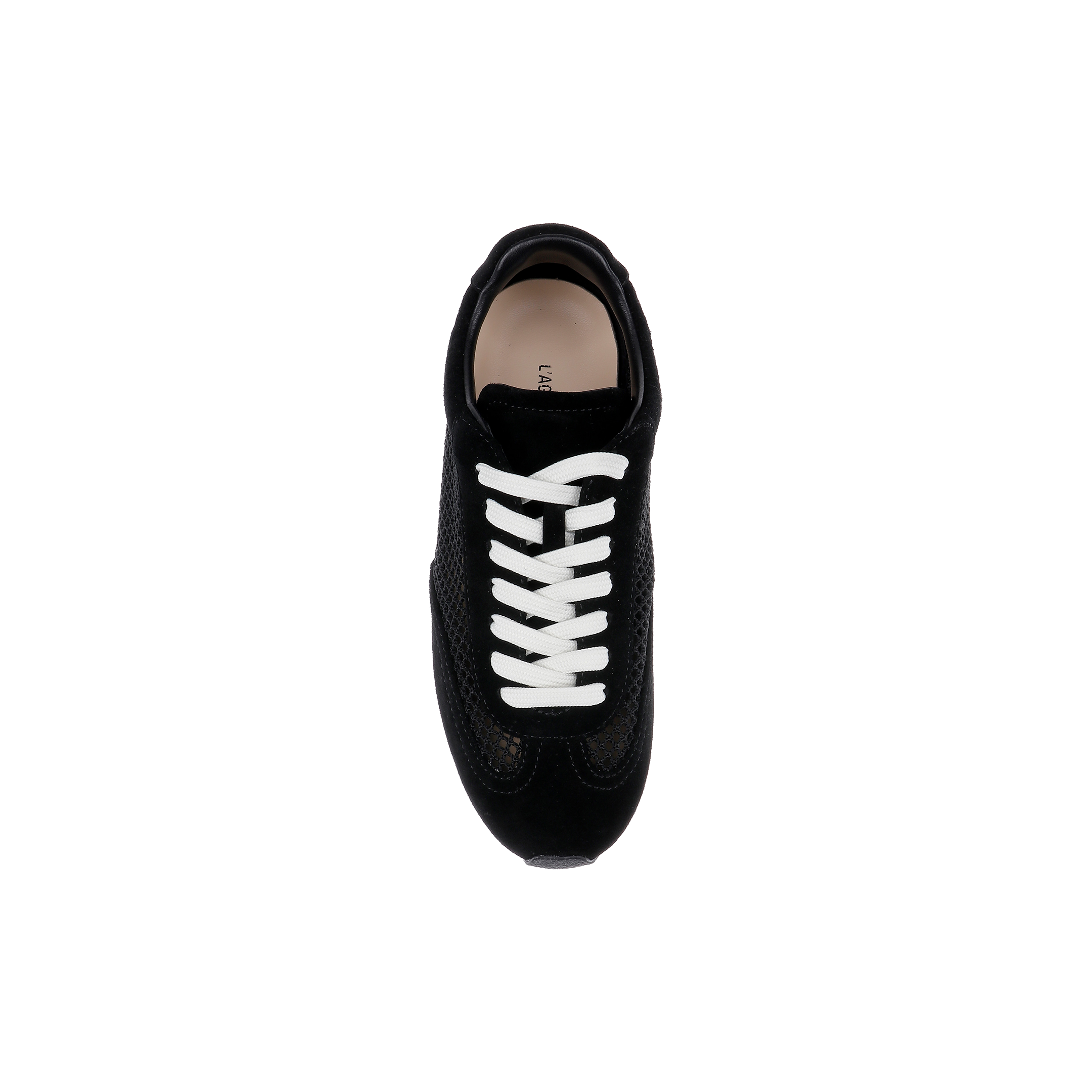 Top view of the Jarah Sneaker in black suede with white laces, showcasing a perforated texture and a memory foam insole, set against a plain white background.