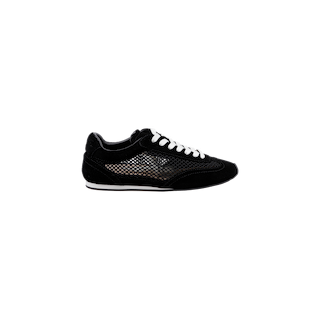 The Jarah Sneaker is a retro-inspired shoe with a black suede upper, white laces, and a mesh side panel, shown in a side view against a plain white background.