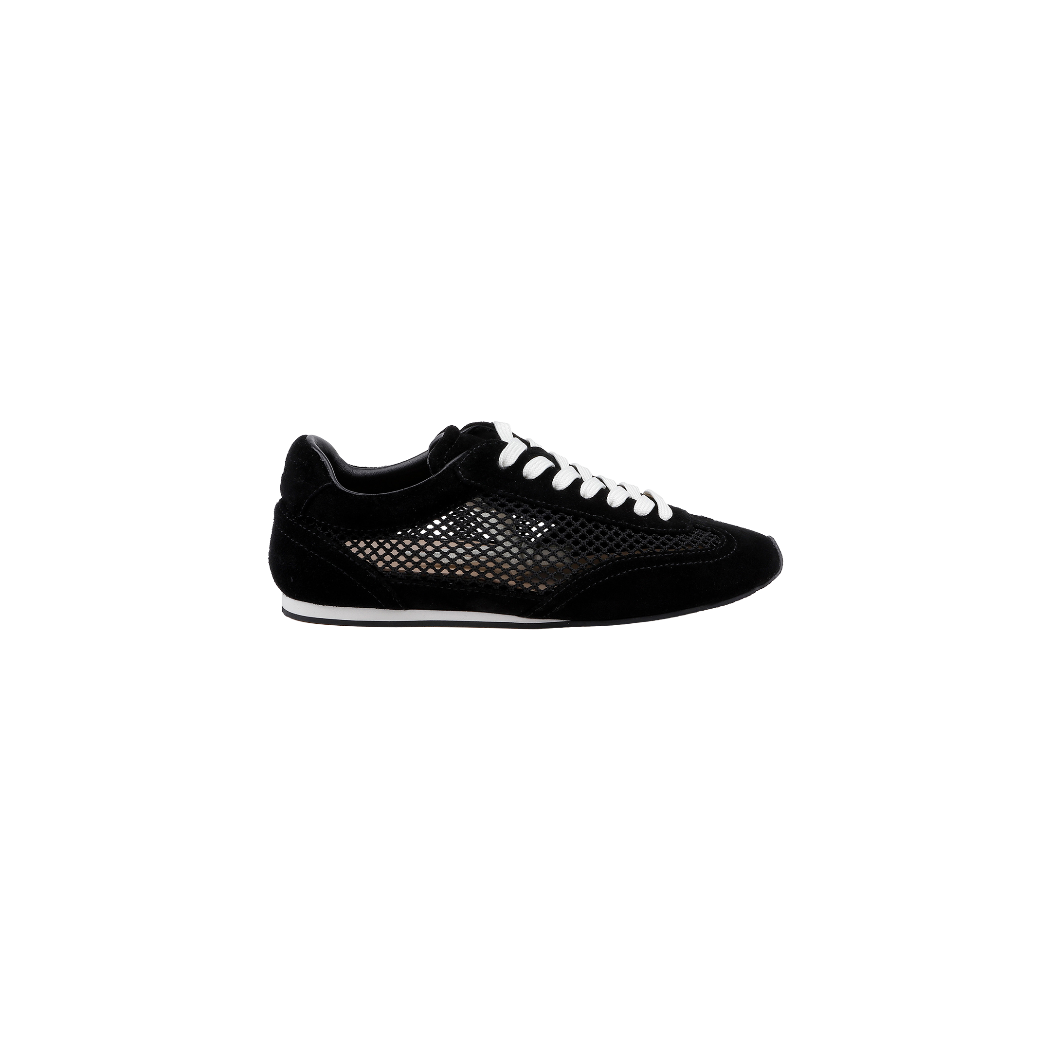 The Jarah Sneaker, shown against a plain white background, is crafted in black suede with white laces and a breathable mesh side panel. It features a flat sole, a memory foam insole for added comfort, and boasts a sleek, low-profile silhouette inspired by retro sneaker designs.