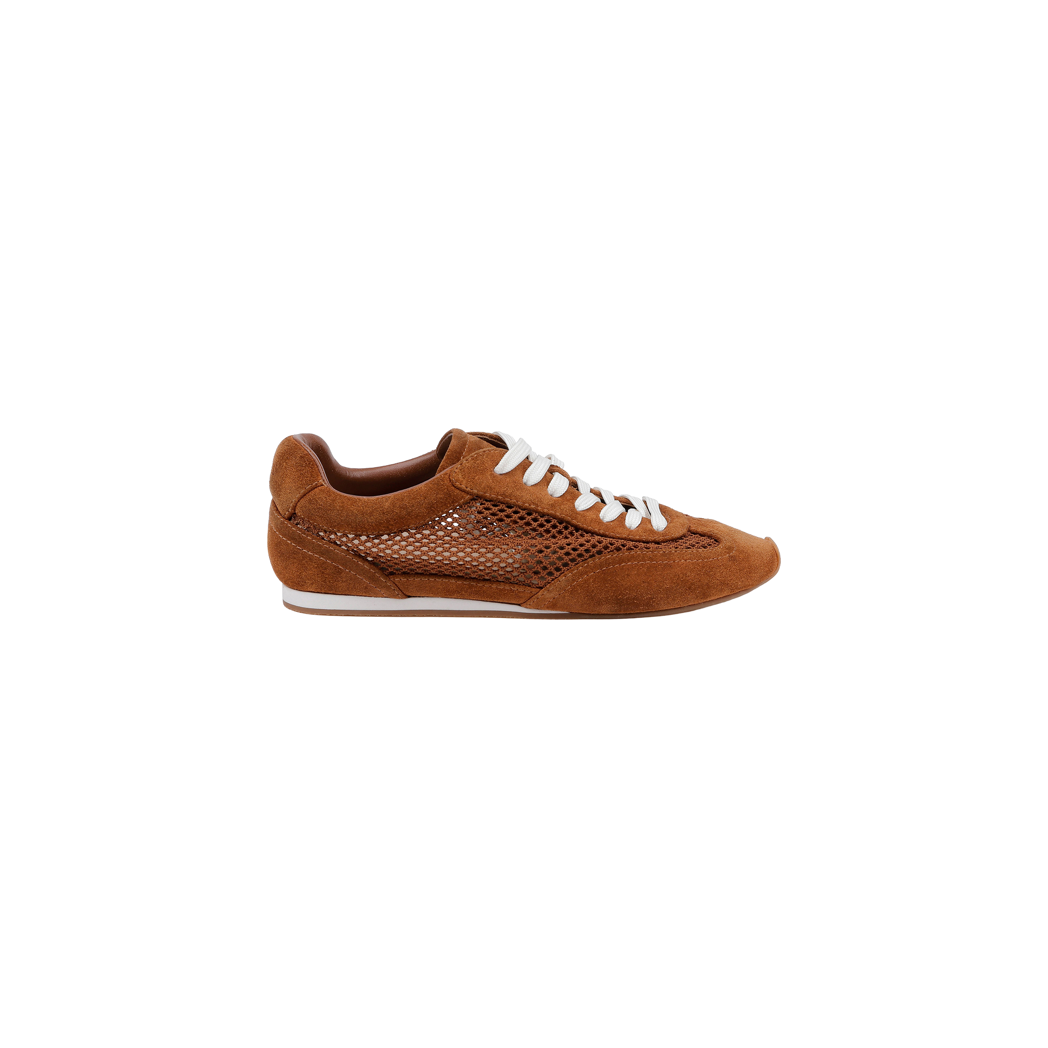 Introducing the Jarah Sneaker: a brown suede sneaker with white laces and a white sole, featuring a mesh side panel design and a comfortable memory foam insole. Shown in a side view against a plain white background.